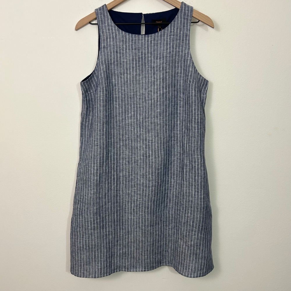 Quince Womens Blue White Pinstripe 100% Linen Shift Dress Pockets Small NWT